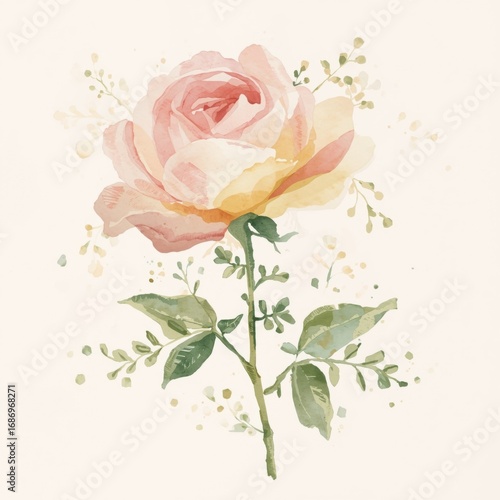 Beautiful Watercolor Peach Rose with Green Leaf Stem for Wedding Invitation, Valentine's Day Greeting or for Background