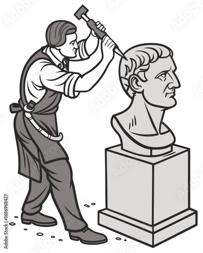 vector of a sculptor chiseling a stone bust on pedestal, dust flying, isolated on white background

