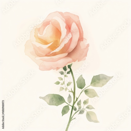 Watercolor with realistic peach-colored roses and green leaves. Tropical floral illustration for wedding invitations, greeting cards, Valentine's Day greetings, and postcards
