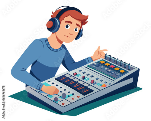 vector of a sound technician adjusting audio levels at a large soundboard, headphones on, white background
