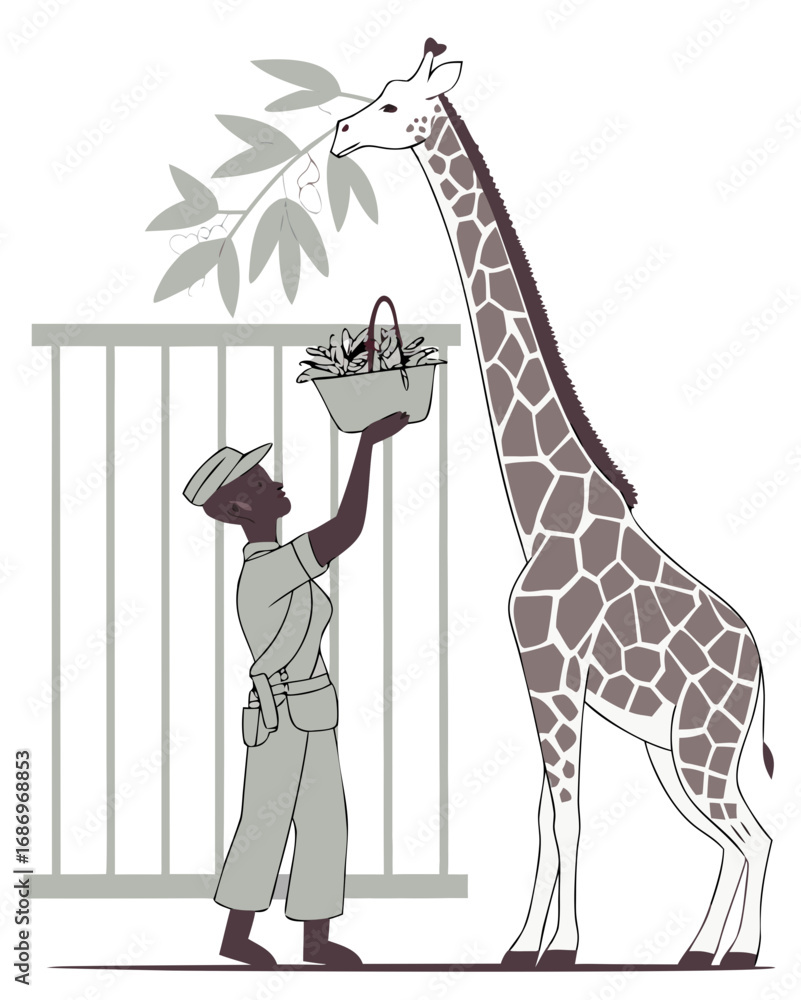 Fototapeta premium vector of a zookeeper holding a basket of leaves, feeding a tall giraffe inside enclosure, clean style on white 