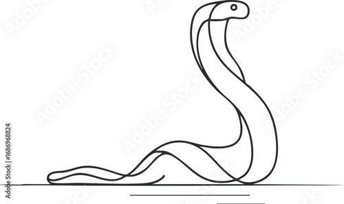 Black and white line art drawing of a cobra snake in a defensive posture with hood expanded on white background