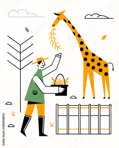 vector of a zookeeper holding a basket of leaves, feeding a tall giraffe inside enclosure, clean style on white
