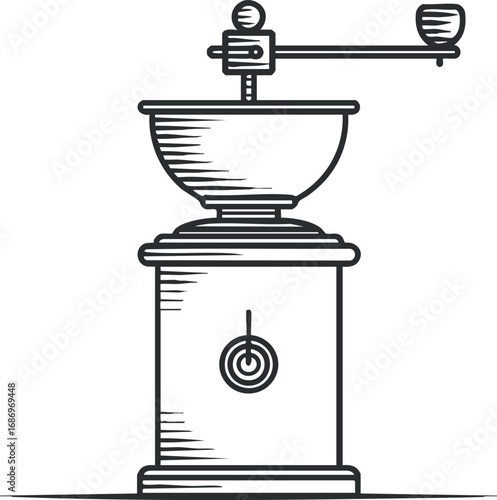Hand-drawn vintage manual coffee grinder with a handle and bowl for grinding coffee beans
