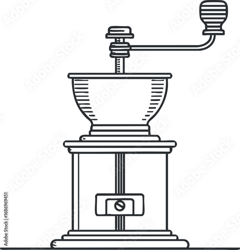 Black and white hand-drawn illustration of a manual coffee grinder with a crank handle and wooden base