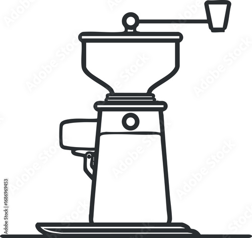 Black and white line drawing of a manual coffee grinder with a crank handle and container