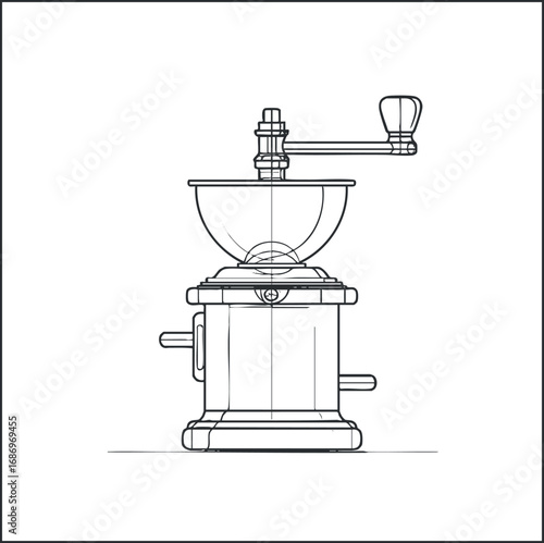 Outline drawing of a vintage manual coffee grinder with a handle and container for grinding coffee beans