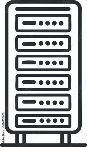 Black and white line illustration of a computer server rack with multiple units for data storage and network infrastructure
