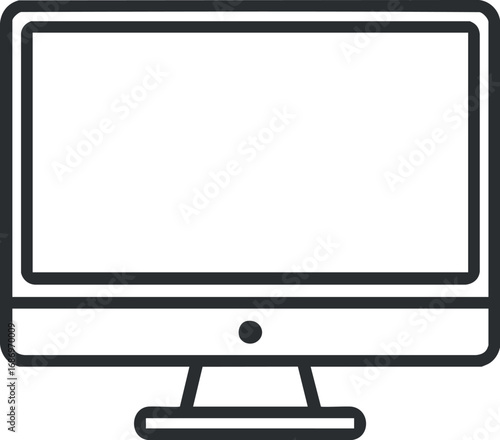 Black and white line icon of a desktop computer monitor with blank screen, representing technology and digital display