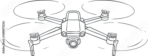Black and white line drawing of a quadcopter drone with camera and spinning propellers in flight