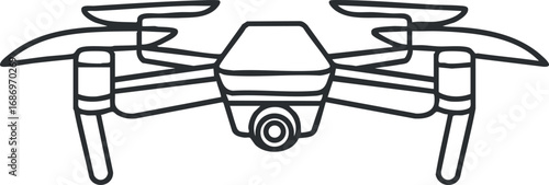 Black and white line illustration of a quadcopter drone with camera and propellers flying