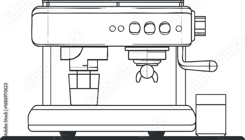 Line art illustration of an espresso coffee machine with cup and buttons for brewing coffee