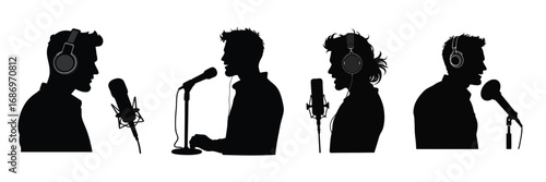 Podcast host silhouette vector design set, high quality black silhouette of side profile podcast host with headphones and microphone detailed vector art for branding media logo and print use
