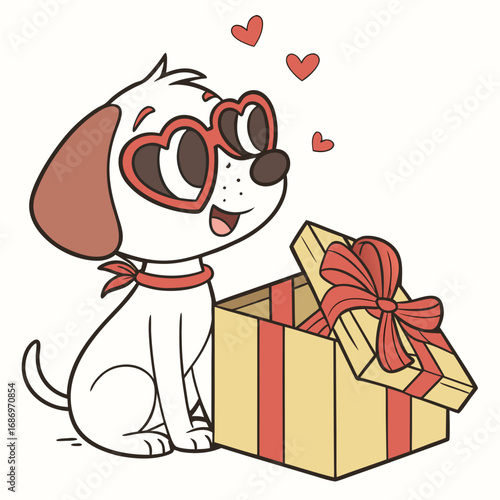 Cartoon dog with heart glasses looking at a gift box with a red ribbon and floating hearts above it created with generated ai