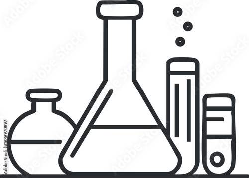 Black and white line art of laboratory glassware including flasks and test tubes with chemical liquid and bubbles on white background
