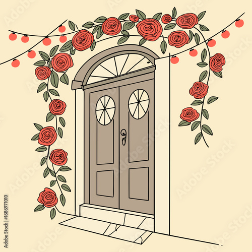 Illustration of a gray double door with roses and string lights adorning the entrance way decoratively created with generated ai