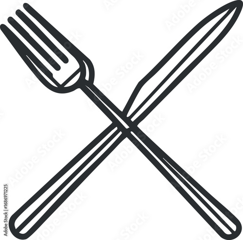 Crossed fork and knife illustration representing dining utensils and tableware for meals