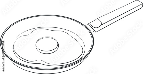 Outline illustration of a fried egg cooking in a frying pan with a handle isolated on white background