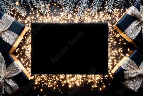 a christmas scene featuring a square frame surrounded by christmas lights and gifts