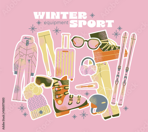 Set of ski equipment jacket, pants, skis, poles, helmet, goggles, gloves, socks, boots, suitcase, sunglasses, hat. Flat vector illustration. Winter sport and holiday travel concept