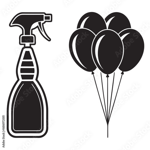 Black silhouette of a spray bottle and a bunch of balloons on a white background cleaner cleaning