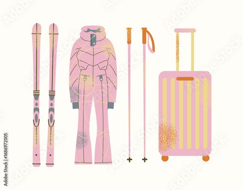 Ski gear set Winter sports equipment, pink skiing uniform, skis, poles, and a suitcase. Outdoor recreation essentials. Flat vector illustration. Winter sport and holiday travel concept