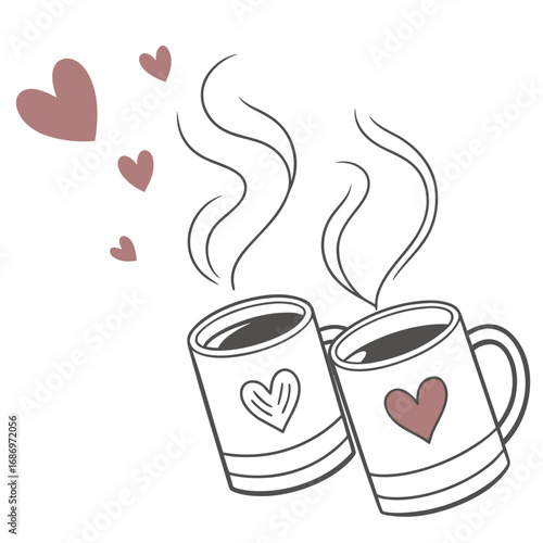Two steaming mugs adorned with hearts surrounded by floating hearts create a romantic atmosphere image created with generated ai