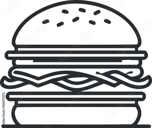 Black and white line art icon of a hamburger with sesame seed bun, cheese, lettuce, and meat patty.