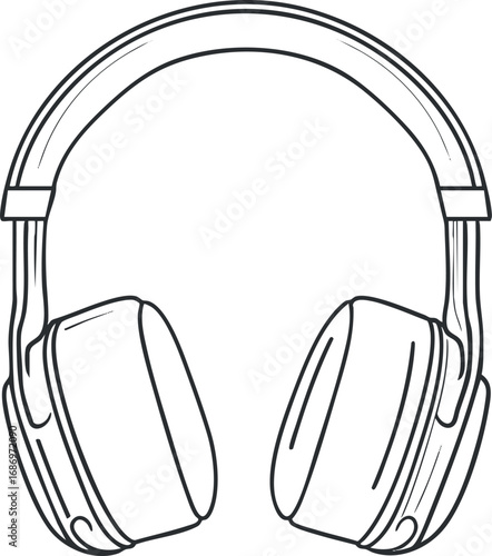 Black and white sketch illustration of over-ear headphones with detailed earcups and headband design