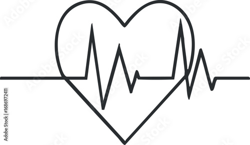 Simple black and white line art of a heart with an electrocardiogram heartbeat line symbolizing health and life