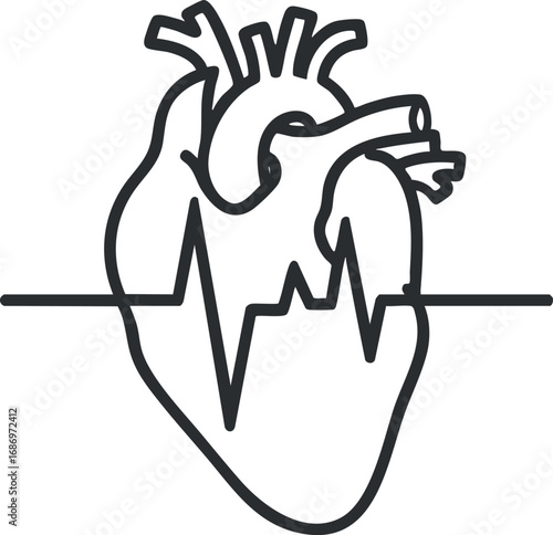 Black and white line illustration of a human heart with a heartbeat line representing cardiac activity and health monitoring