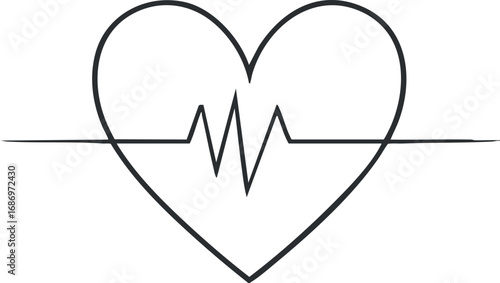 Simple black line art of a heart shape integrated with a heartbeat pulse line symbolizing health and cardiology
