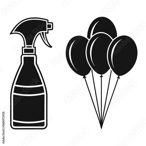 Black silhouette of a spray bottle and a cluster of balloons on a white background cleaner