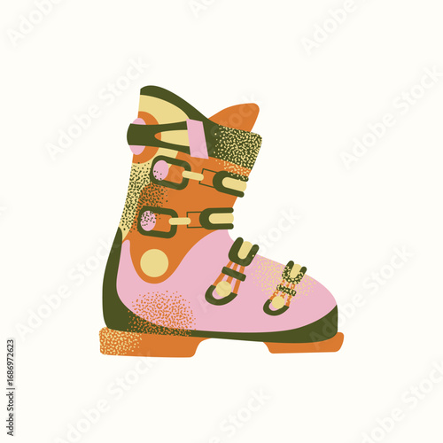 Ski boot Winter sports equipment, protective footwear for skiing and mountain activities. Flat vector illustration. Winter sport and holiday travel concept