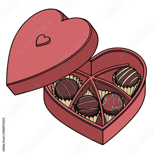 A heart shaped box of chocolates with the lid open showing four chocolate truffles inside the box gift created with generated ai