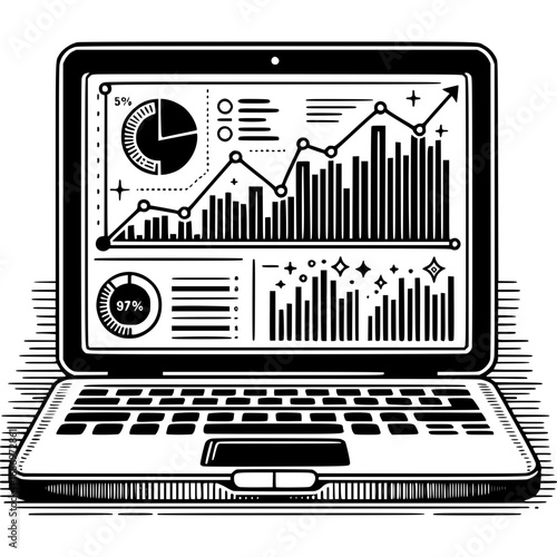 Digital insights on Laptop Screen: An illustrative image showing a laptop displaying various data visualizations, including charts, graphs, and numerical indicators.