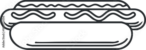 Black and white line art illustration of a classic hotdog with ketchup and mustard on a bun