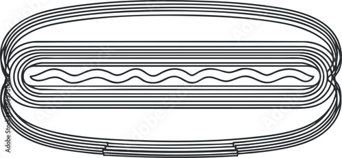 Black and white line art illustration of a hotdog with sausage and ketchup in a bun in simple outline style