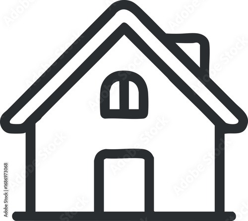 Simple black and white line drawing of a house with a door, window, and chimney icon