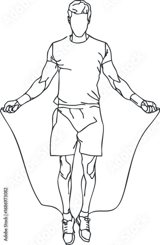 Line art illustration of a man exercising with a jump rope for fitness and cardio training