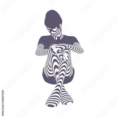 Tired woman represented in stripes. Life energy. Concept of productivity, effectiveness. Stress and burnout. Sexual assault and harassment concept.
