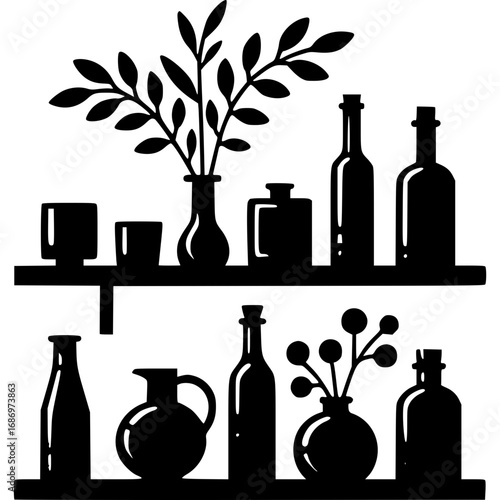Shelf of Silhouettes: A collection of assorted bottles, vases, and a simple sprig of leaves are arranged on a shelf, the monochrome captures simplicity, minimalist and elegant.