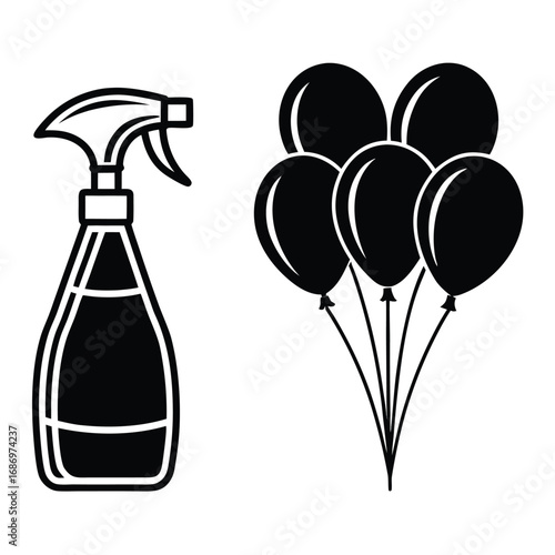 Black silhouette of a spray bottle next to a bunch of balloons on a white background cleaner