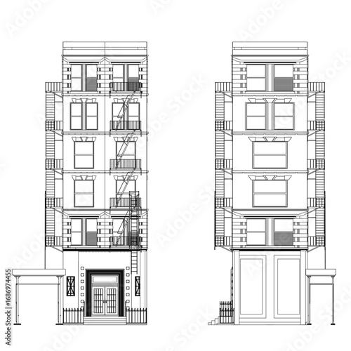 Detailed blueprint of a apartment building with windows, doors, and balconies in clean contour style.