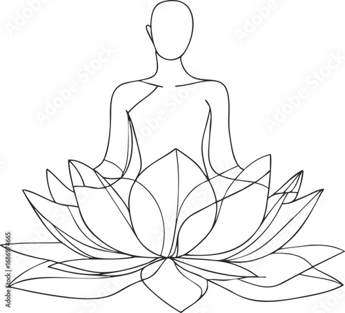 Line art illustration of a person meditating while sitting on a lotus flower symbolizing peace and mindfulness