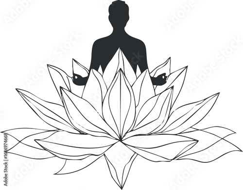 Silhouette of a person meditating in lotus position with large stylized lotus flower outline background