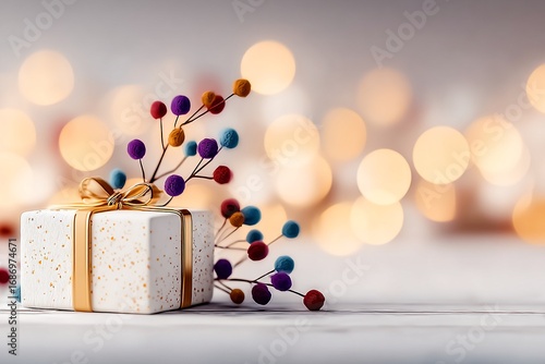 a decorated gift box with a gold ribbon next to a small branch with colorful balls