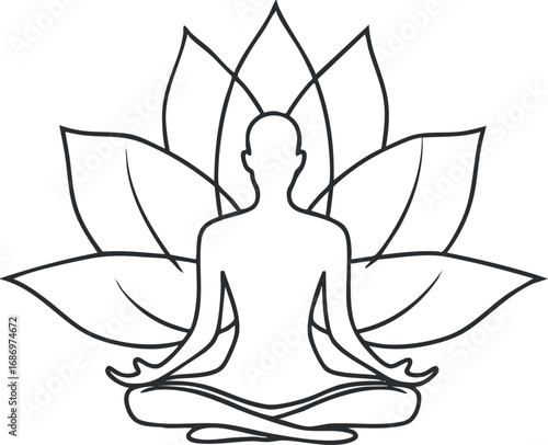 Silhouette of a person meditating in lotus pose with lotus flower outline background symbolizing mindfulness and peace