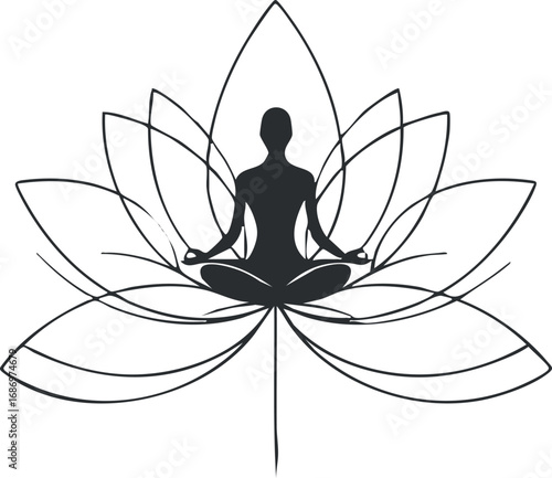 Silhouette of a person meditating in lotus position with lotus flower outline symbolizing peace and mindfulness