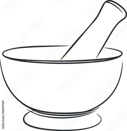 Black and white line drawing of a mortar and pestle used for grinding herbs or spices in cooking and medicine preparation
